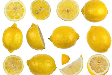 Fototapeta premium Whole lemons, bright yellow color, fresh and ripe, isolated against white backdrop.