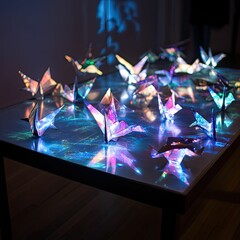 Illuminated paper birds arranged on glass table.