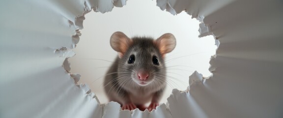 A small, adorable mouse with soft gray fur and large, expressive eyes peers curiously through a torn hole in a white surface. The scene captures a moment of innocence and curiosity, highlighting the