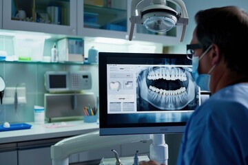 Medical professional examining dental x-ray image on a computer monitor in a modern dental office, focusing on advanced technology in dental care