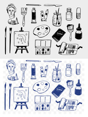 Artist tools, brushes, paints, pencils, easel, set of objects, hand drawn vector illustrations, monochrome