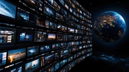Interconnected TV screens show diverse content, with Earth at the center, highlighting global connectivity