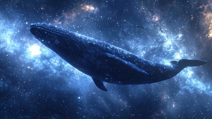 Fototapeta premium Whale-like creature soaring through space with cosmic backdrop.