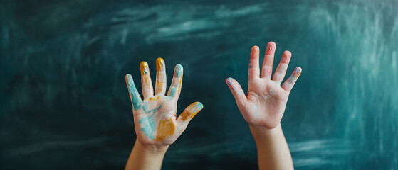 Colorful PaintCovered Hands Against a Dark Green Chalkboard Background