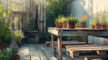 Obraz premium Garden bench with wooden boards surrounded by potted plants and flowers in a sunlit backyard area