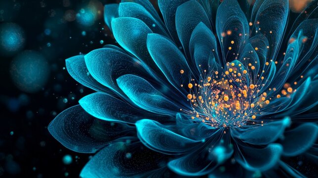 a close up of a flower on a black background, digital art, electric aura with particles, made entirely from gradients, atoms floating, teal energy, rendered in 8 k, smoke swirls, quantum dynamics, ren