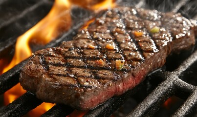 Sizzling Steak Cooking Over Open Flames with Intense Heat and Smoke