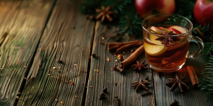 Cinnamon and apple-flavored hot beverage on a rustic wooden table, with star anise decoration. - Powered by Adobe