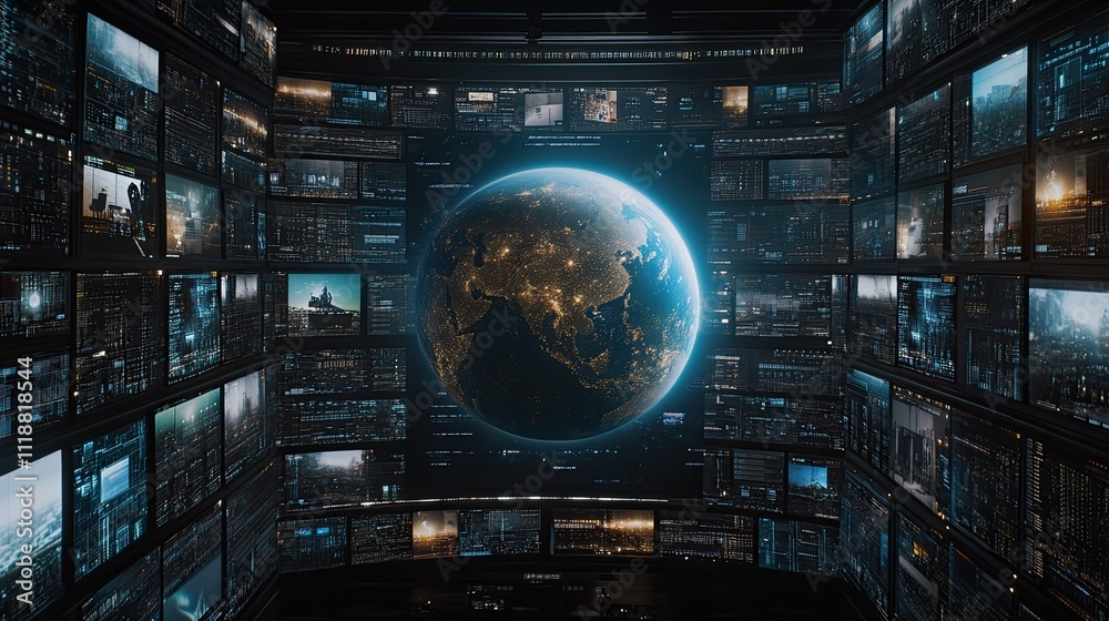 Fototapete abstract digital background features earth at the center, surrounded by screens displaying various g