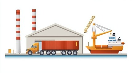 Transporting goods shipping container truck and cargo ship at industrial dockyard scene