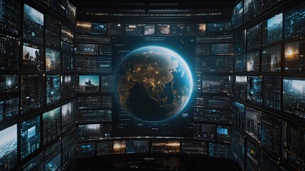 Abstract digital background features Earth at the center, surrounded by screens displaying various global connections and data transfer