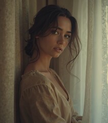 A young woman in soft natural light by a window, wearing a beige blouse, evoking feelings of nostalgia and calm.