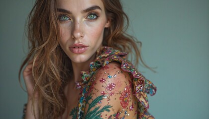 A woman adorned in floral tattoos and vibrant makeup, with expressive eyes, showcasing artful beauty and creative self-expression.