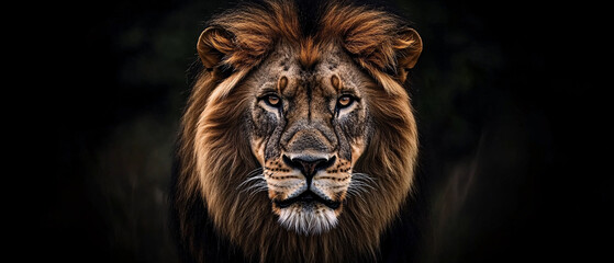 Fototapeta premium Majestic African Lion Portrait: Powerful King of the Jungle in Dark Background