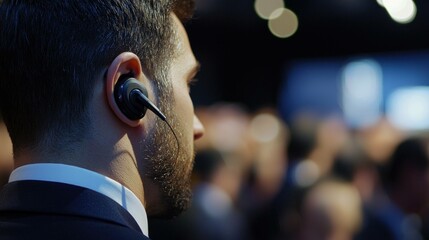 Professional security personnel monitoring crowd, wearing earpiece and suit at a busy event, focused and attentive. Security and event management concept.
