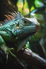 Obraz premium Vibrant green and red lizard with large spikes on back, sitting perched on tree branch.