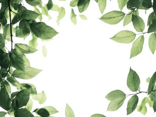 Fototapeta premium Leafy green background with a white background. The leaves are spread out and overlapping, creating a sense of depth and movement