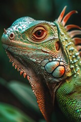 Fototapeta premium Green lizard with red eyes is staring at the camera. The lizard has a long tail and is surrounded by green leaves