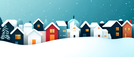 A picturesque winter scene featuring colorful snow-covered houses under a serene blue sky, evoking a cozy, festive atmosphere.