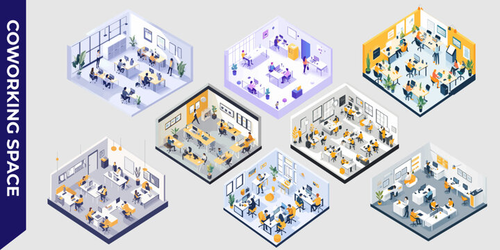Isometric illustration of a modern coworking space with desks, computers, and people collaborating in a bright