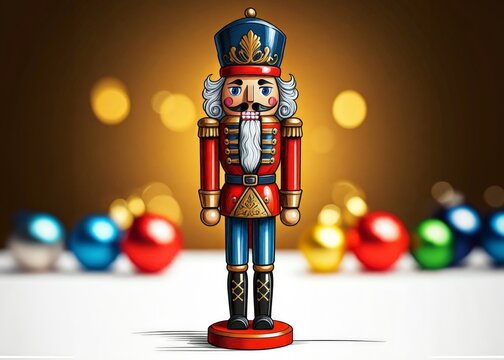 Ein edler Nussknacker in Rot, Blau und Gold mit detailreicher Krone, umgeben von bunten Weihnachtskugeln vor einem warm leuchtenden, festlichen Hintergrund. Majest&auml;tisch und stilvoll. Generative KI