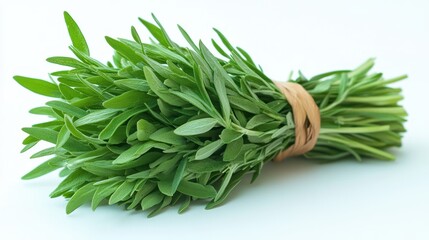A close-up image of a freshly harvested bundle of vibrant green herbs tied together with a natural band, showcasing their fresh and aromatic leaves