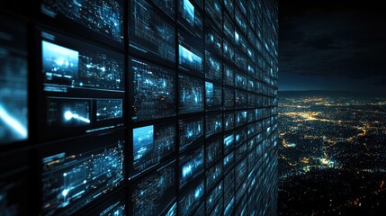 Visual representation of a digital Earth featuring numerous screens showcasing images of technology, people, and news in a modern setting