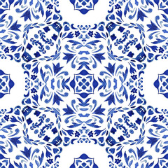 Azulejo spanish tile with flowers. Gorgeous seamless blue floral watercolor pattern tiles. Portuguese style ceramic tile design