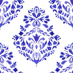 Abstract blue and white damask hand drawn tile seamless ornamental watercolor paint pattern. Elegant luxury texture.