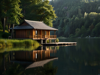 Wooden House with a Terrace Overlooking a Serene Lake