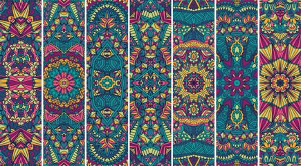 Ethnic colorful ornamental Mandala pattern set. Geometric pattern bookmark psychedelic print.