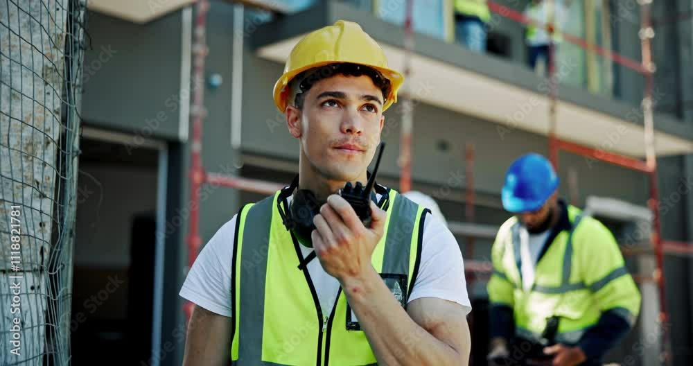 Poster construction worker, radio and thinking with engineer man on building site for industrial maintenanc