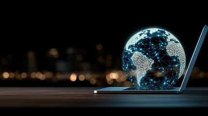 Transparent glass globe signifies digital twin of financial networks while a business person engages in work at a desk nearby