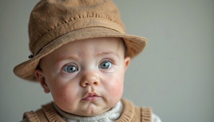 A charming baby wearing a beige hat and sweater, with expressive blue eyes, exuding innocence and curiosity.