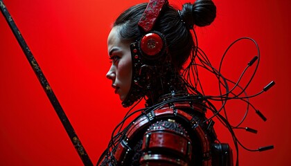 A futuristic warrior in red cybernetic armor against a vivid red background, showcasing sci-fi aesthetics and power.