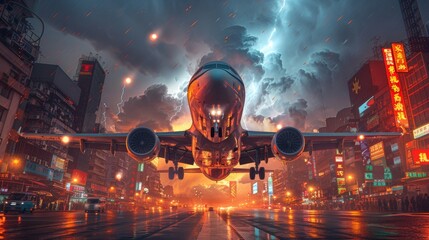 Airplane landing in a city during a storm.