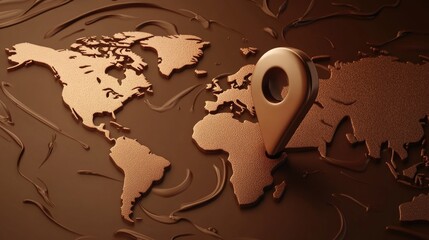 Gold-plated world map with a push pin on top, symbolizing travel destinations or favorite places.