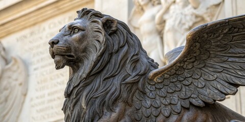 Majestic winged lion statue located at a historical monument in the heart of the city during midday sunlight