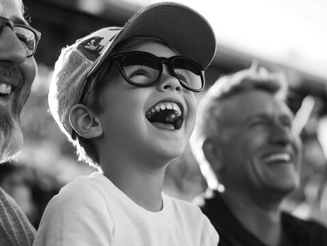 A young boy laughing and smiling while wearing large sunglasses, surrounded by a crowd of spectators at a baseball game. The image captures the joyful atmosphere of outdoor family events. - Powered by Adobe