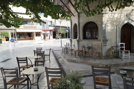 Heraklion , Greece , 08 08 2024 : restaurant and taverna terrace in the city center
