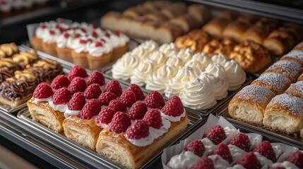 Assortment of Pastries with Whipped Cream and Raspberries in a Display Case