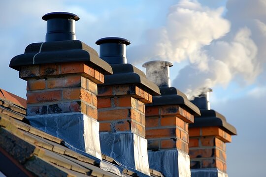 Steam vapor emitted from condensing gas boiler flue pipe on red brick wall under clear blue sky