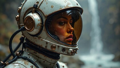 A weathered astronaut in a vintage suit with reflective visor, standing in a misty landscape, evoking adventure and solitude.