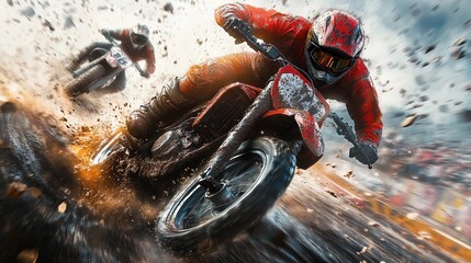 Exciting motocross race featuring dynamic rider in striking red gear navigating a muddy course