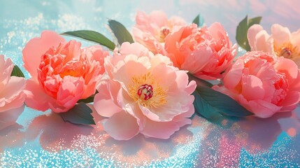 beautiful peonies on a holographic foil background, flat lay