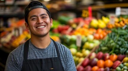 Friendly grocery store worker smiles warmly among vibrant fresh produce at a bustling market setting
