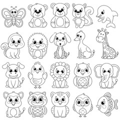 Big animals set for coloring book. Outline illustration for children