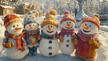 Fototapeta premium Four Cheerful Snowmen Dressed in Winter Wear