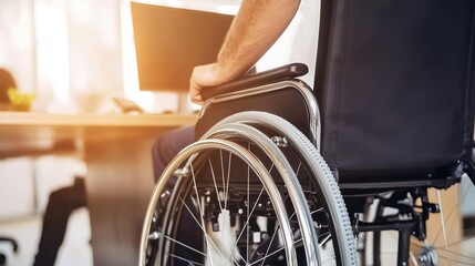 Focused Wheelchair User Working at a Computer in a Modern Office Environment, Reflecting Professionalism and Inclusion.