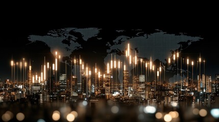 Dynamic stock market trends are visually represented with a world map overlay, highlighting global connections and financial activity